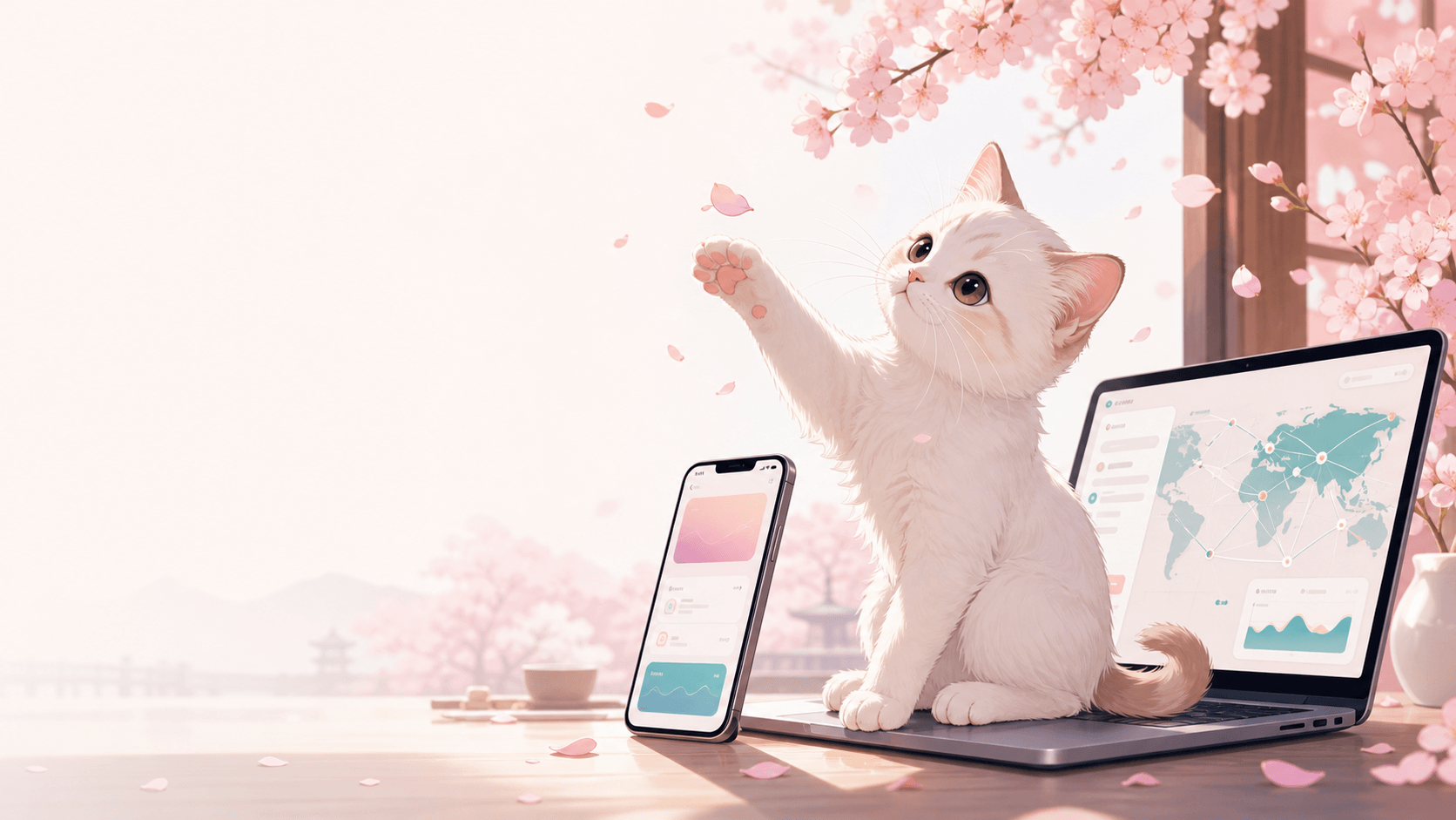 奶猫在樱花窗边玩花瓣，旁边有手机和电脑客户端线路面板